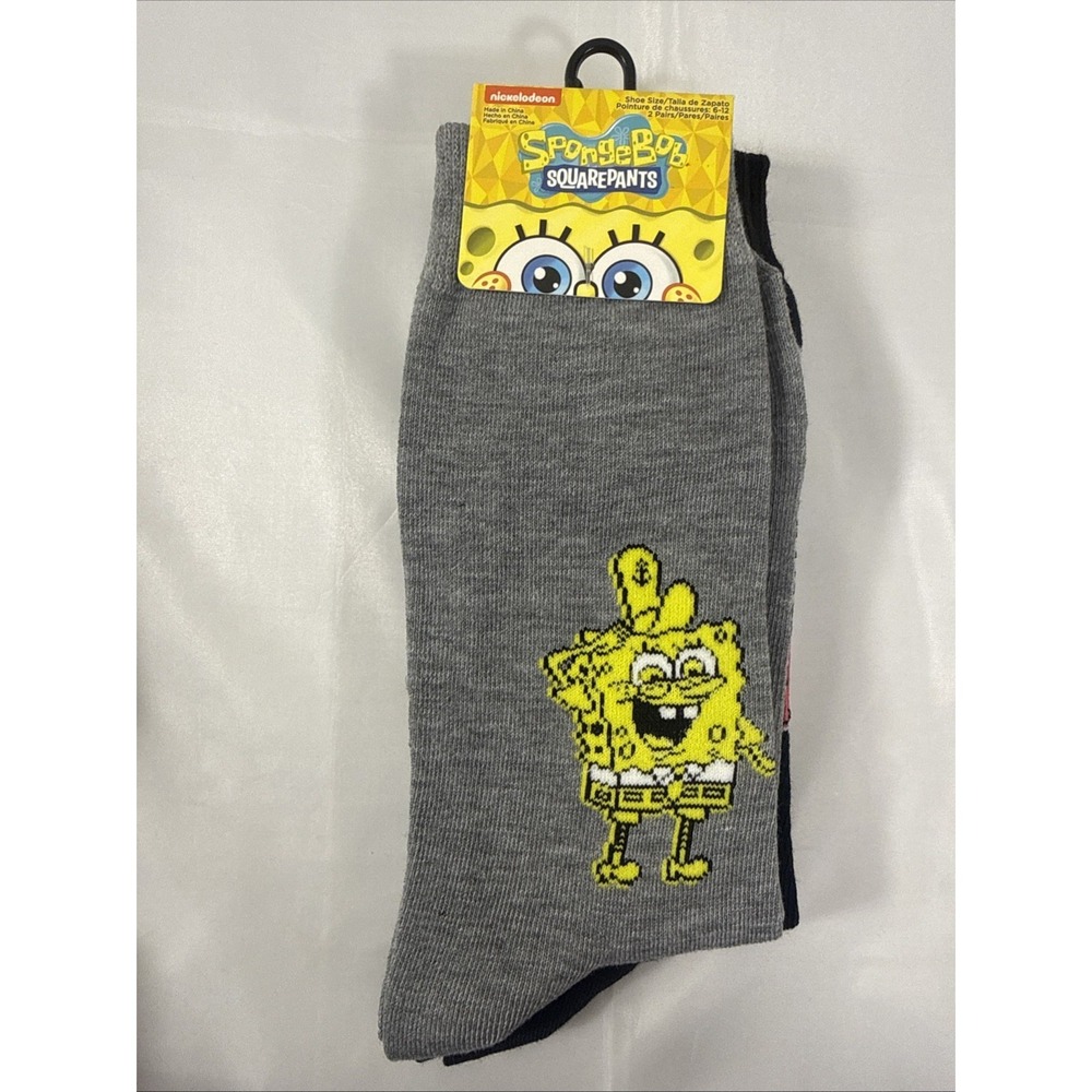 SPONGEBOB SQUARE PANTS Cartoon Nickelodeon Crew Socks 2 Pair Size 6-12